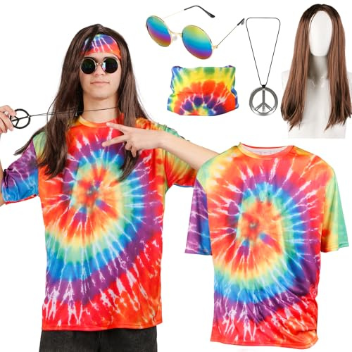 Hippie Kostüm Herren Damen Set- 60er 70er 80er Jahre Outfit Herren Hippie Accessoires Bekleidung mit T-Shirt Hippie Brille Peace Kette Perücke Stirnband,Disco Hippie Kleidung Faschingskostüme Karneval