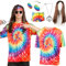 Hippie Kostüm Herren Damen Set- 60er 70er 80er Jahre Outfit Herren Hippie Accessoires Bekleidung mit T-Shirt Hippie Brille Peace Kette Perücke Stirnband,Disco Hippie Kleidung Faschingskostüme Karneval