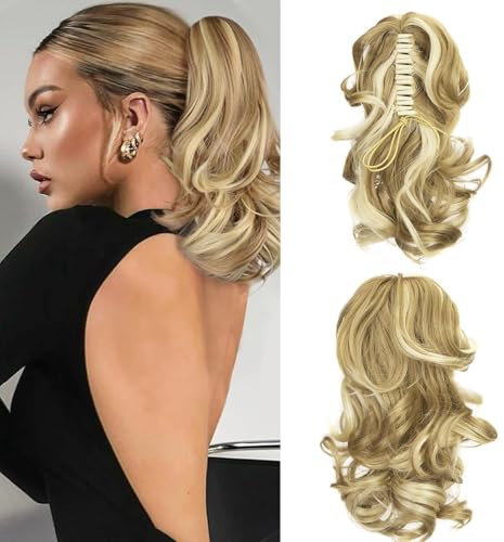 Cybelleza Coda Capelli Extension Clip Claw Coda di Cavallo con Pinza Mossi 35cm Posticci per Capelli Ricci Ponytail Sintetici Lunghi Corti Coda Finta Ondulati, Castano cenere & biondo