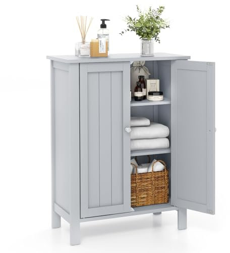 LIFEZEAL Armoire de Salle de Bain, 60 x 30 x 80,5 cm, Armoire sur Pied avec 2 Portes et 3 Étagères Réglables, Meuble Salle de Bain Rangement pour Cuisine, Salon (Gris)