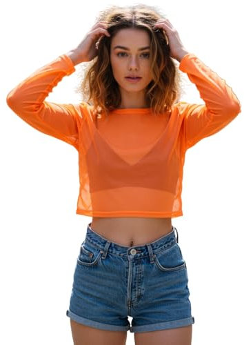 STAR FASHION Sheer Mesh Crop Top for Womens Stretchy Cropped Mesh Top Long Sleeve Crew Neck Ladies See Through Tops Clubwear Neon Orange 12-14
