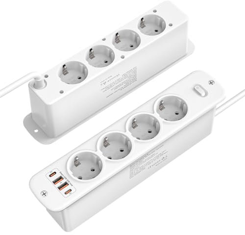 Multiprise encastrable Double Face avec 8 Prises (4000W/16A), 2 Ports USB-C PD 20W et 2 USB-A PD 18W, Prise escamotable pour Cuisine, Bureau, Plan de Travail, câble de 2 m, Blanche