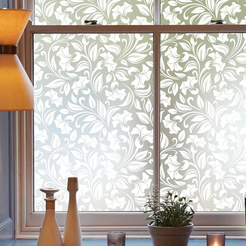 dktie Fensterfolie Sichtschutzfolie Dekorative Fensterfolie Mit Weißem Blumen und Reben Blickdichte Milchglasfolie Statisch haftend, Ohne Kleber, UV-Schutz, Sichtschutz, Blendschutz 90x200cm