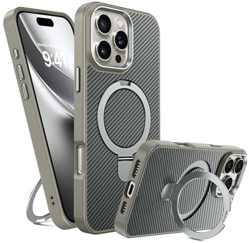GUAGUA Magnetisch Handyhülle für iPhone 16 Pro Hülle [Kompatibel mit MagSafe] mit Ring Ständer Stoßfest Schutzhülle Carbon Fiber Muster Case für iPhone 16 Pro (6,3'') Titan Natur