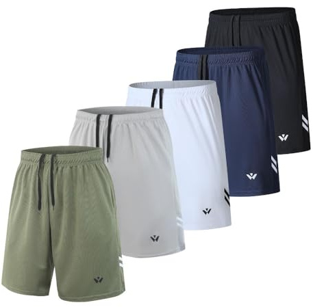 fovdtaa Lot de 5 shorts de sport pour homme avec poches et taille élastique, short d'entraînement à séchage rapide pour homme, Noir, gris, blanc, gris clair, vert, 3XL