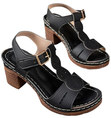 Stivali da donna, taglia grande, larga, comodi sandali estivi da donna, punta aperta, tacco spesso, con fibbia, stile casual, per uso con scarpino nero aperto, Le Noir, 43 EU