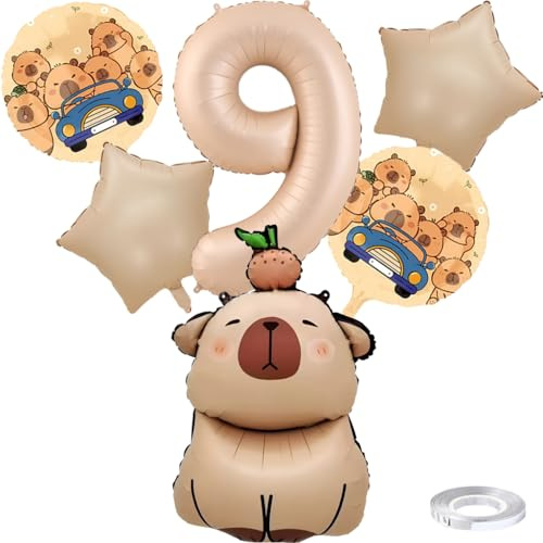 Liitata 9. Capybara Geburtstags Party Deko Capybara Geburtstag Luftballon Set Karamel Zahl 9 Folienballon Großes Kapibara Luftballon für Junge Mädchen Geburtstag Party Deko