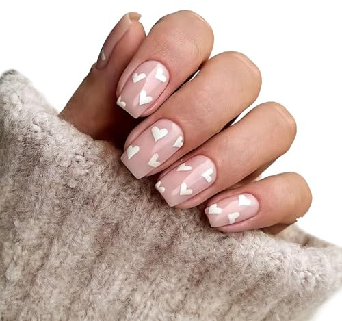24pcs Short Press on Nails, Square False Nails & Accessories with Elegant White Heart Design, Easy Apply Stick-On & Glue-On Fake Nails for Women and Girls' Nail Art
