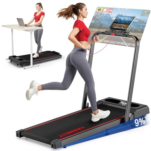 Tapis roulant per casa, VANNECT Walking Pad, Tapis roulant pieghevole da 1 a 12 km/h, con inclinazione del 9%, ultra silenzioso, display LCD, triplo controllo, telecomando + app + tasti corrimano
