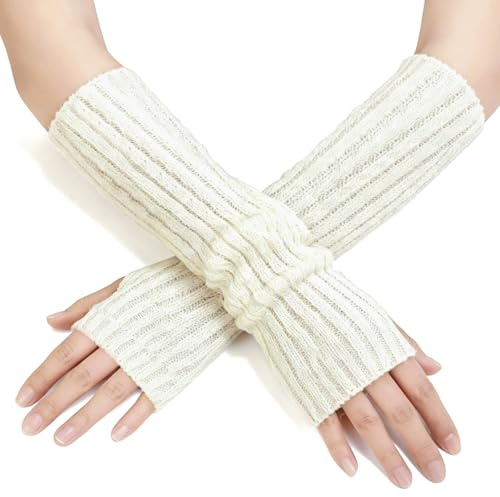 QINQINZIJIN Winter Armstulpen Damen, Lange Fingerlose Handschuhe, Winter Gestrickte Handstulpen, Weiche Arm Stulpen, Warme Gestrickte Armwärmer, für Damen Herren (Weiß)