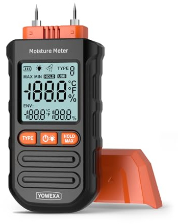 YOWEXA Wood Moisture Meter, 4-Range with Temp/Humidity | Measures Wood, Herbs, Paper; Max Mode, Backlit LCD Display