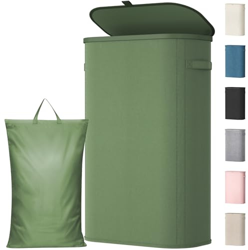 Lifewit 65L Slim Laundry Basket with Lid, Handles & Bag, Green | Foldable Washing Basket with Plastic Frame, Dirty Clothes Organiser for Laundry Room, Bedroom and Bathroom