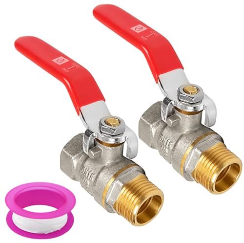 RUNYU 2 Stück Kugelhahn 1/2 Zoll Absperrhahn Messing Absperrventil AG/IG | PN25 DN15, mit Langem Hebelgriff Rot & Vollem Durchgang, mit Dichtungsband