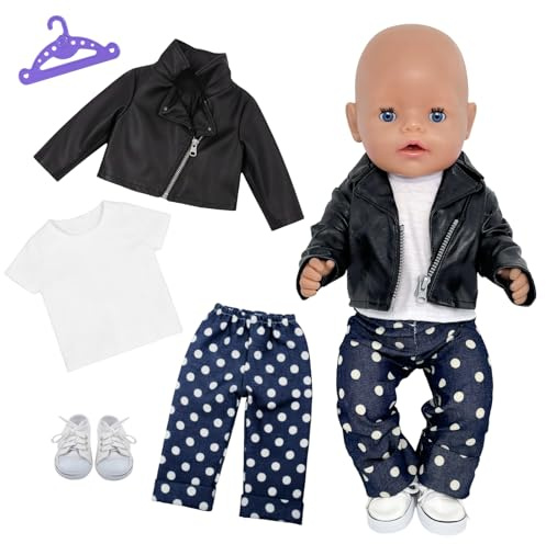 Puppenkleidungsset für 35–43 cm, 5 Stück Stilvoll Cool Baby Kleidung für 14-18 Zoll Puppen Puppenkleidung mit Lederjacke Hose Oberteil Kleiderbügel Schuhen Puppenzubehör Geschenke für Mädchen Jungen