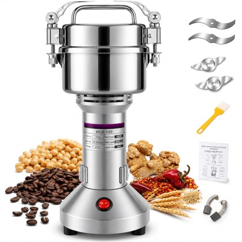 Royal Swiss 3000W Electric Grain Mill 1000g – Heavy Duty Spice & Coffee Grinder, Stainless Steel High Power Grinder, Commercial Food Grinder for Herbs, Grains & Nuts (150g)