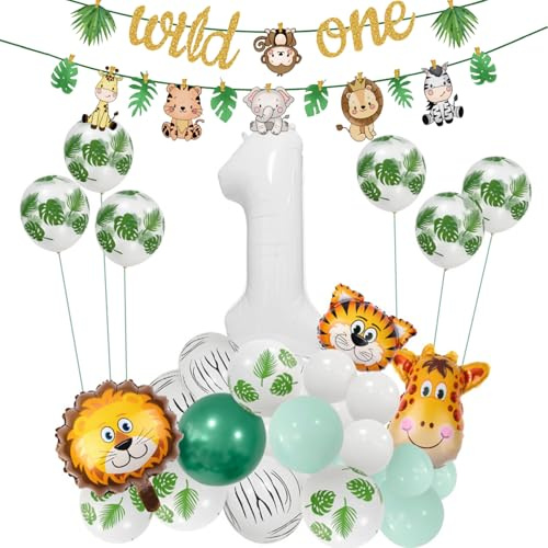 Ezydka Wild One Deko 1. Geburtstag Set Dschungel Safari Tiere Geburtstagsdeko mit Luftballons Folienballon Banner für Jungen und Mädchen Party Dekoration