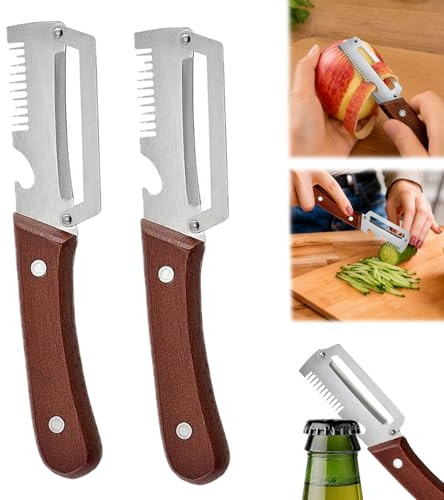 3 en 1 Éplucheur de légumes multifonction,2pcs Eplucheur en Acier Inoxydable et manche en bois, Décapsuleur, Éplucheur multifonctionnel pour légumes juliennes(Pommes de terre, concombres, radis)