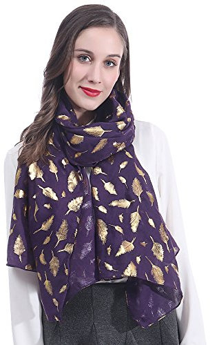 Lina & Lily Sciarpa Donna con Piume Metalliche (Viola scuro-Oro)