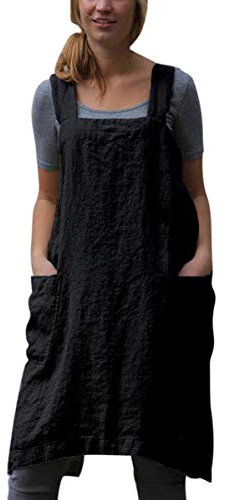 SAMGU Damen Schürze Frau Volltonfarbe lässig Bettwäsche aus Baumwolle Quadrat Kreuz Schürze Garten Arbeit Kleid Schwarz4XL