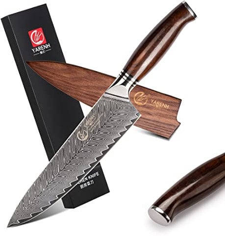 YARENH Damastmesser Profi Kochmesser 20.5 cm, 73 Schichten Damaststahl Küchenmesser, Scharf Chefmesser, Mit Erlesenem Sandelholzgriff, Mit Walnussholz-Scheide
