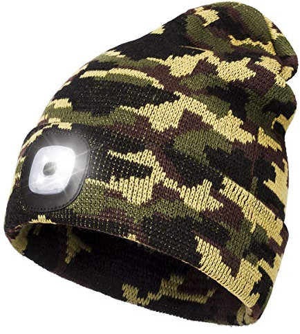 Rechargeable LED Lighted Beanie, Perfect Dad Gifts in Christmas, Stocking Fillers Cap with Light Hands Free Head Torch Unisex Winter Warm Knit Beanie Army Green