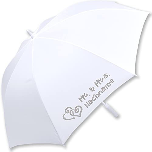 iX-brella XXL Stockschirm Fiberglas Golf Automatik Weiß Mr. & Mrs. verschnörkelte Herzen personalisiert mit Nachname