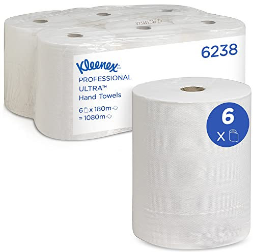 Rollo de toallas de papel Kleenex Ultra 6238 - Toallas secamanos de papel de 2 capas - 6 rollos x 180 m de toallas secamanos blancas (1080 m en total)