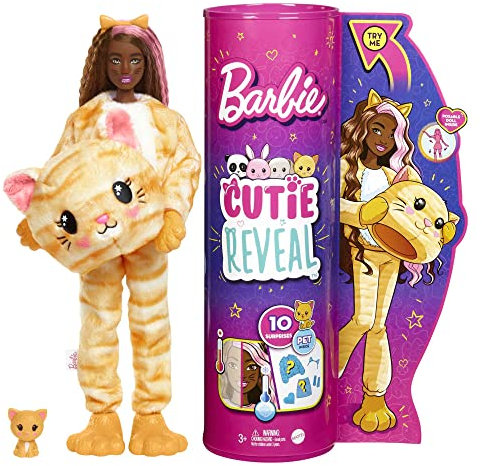 Barbie HHG20 - Cutie Reveal Puppe mit Katzen-Plüschkostüm und 10 Überraschungen inklusive kleinem Haustier und Farbwechsel, Puppen Spielzeug für Kinder ab 3 Jahren
