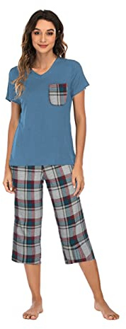 Famulily Pajamas Women Cotton Comfy Pajamas, Ladies Pyjamas Set Floral Printing Short Sleeve Loungewear Top and Wide Leg Pants Cropped Trousers Soft Nightwear Sleepwear S-XXL