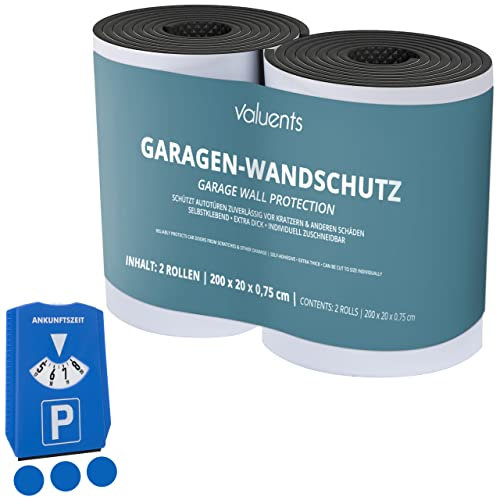 valuents 2X Garagen Wandschutz schwarz, extra dick mit 7,5mm und je 2m lang – Auto Türschutz – Türkantenschutz aus Schaumstoff – selbstklebend +Plus: Parkscheibe