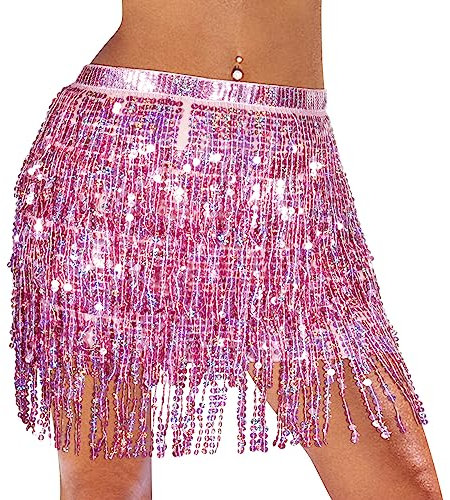 Monbessi Glitzer Rock Damen Pailletten Rock Stilvoll GlitzerRock Karneval FransenRock (Rosa)