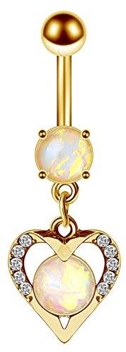 Beydodo Körperschmuck Piercing Bauchnabel Chirurgenstahl, Bauchnabelpiercing 14G Herz Anhänger mit Opal und Zirkonia Bauchnabel Ring Gold