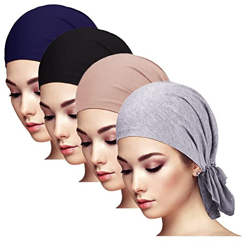 Hcimooy 4 Packungen vorgebundenes Chemo-Kopftuch Beanie Totenkopf-Abdeckkappe für Frauen (S277-2)