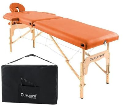 QUIRUMED Easy Klappmassagetisch aus Holz, Farbe Orange, 186 x 66 cm, Massagetisch, Physiotherapie-Massage, Kunstleder, Gelenkkopf, höhenverstellbar, 2 Abschnitte