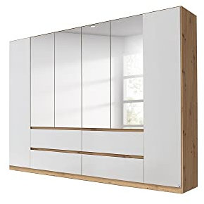 Rauch Möbel Mainz Schrank Kleiderschrank Drehtürenschrank Weiß/Eiche Artisan, Holz, 6-türig Spiegel, 4 Schubladen, Zubehörpaket Basic 4 Einlegeböden, 4 Kleiderstangen, grifflos BxHxT 271x210x54 cm
