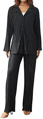 Bellezasourire Zweiteiler Damen Sommer Plissee Set Elegant Hosenanzug Button Down Langarmshirt + High Waist Freizeithose Weite Hose Sommer Herbst Outfit Casual Loungewear Streetwear(S,Schwarz)