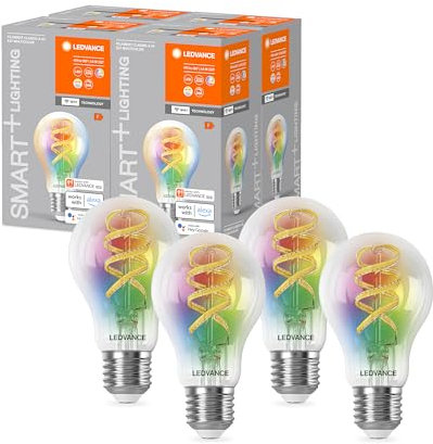 Ledvance SMART+ WIFI LED-Lampe, Weißglas, 4,8W, 470lm, klassische Glühlampenform mit E27, regulierbares Farb- & Weißlicht, dimmbar, steuerbar per App oder Sprachsteuerung, gute Lebensdauer, 4er Pack