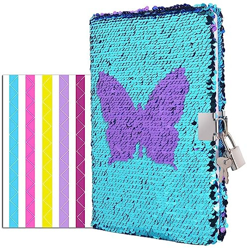 VIPbuy Magic Reversible Pailletten Notizbuch Tagebuch Liniert Reisetagebuch mit Schloss und Schlüssel für Frauen Mädchen, Größe A5 (21,6 cm x 14 cm), 78 Blatt (Schmetterling)