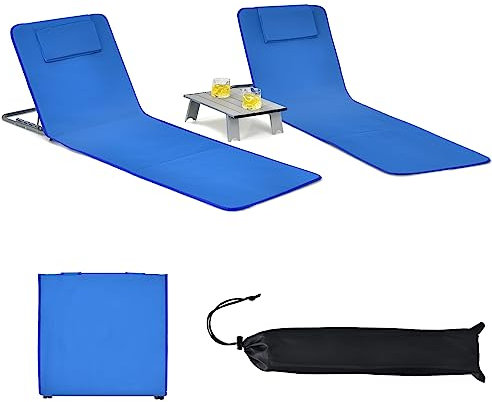KOMFOTTEU Lot de 2 Matela de Plage Pliable avec Table Basse, Tapis de Plage, Dossier réglable en 5 Positions, Lits de Plage avec Appuie-tête, Portable avec Bandoulière, 151 x 55,5 cm (Bleu)