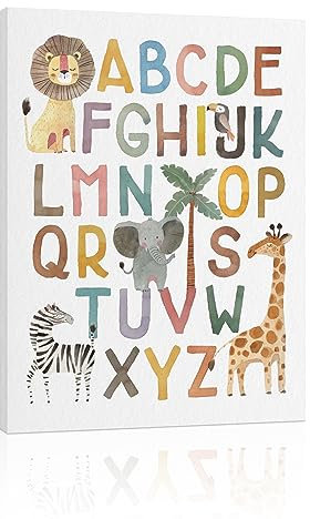 ABC Poster Kinderzimmer Wanddekor: Boho Alphabet Kunst für Klassenzimmer Wand, Safari Tier Kinder Wandkunst, ABC Buchstaben Druck Bild Gerahmtes Poster für Kinderzimmer Dekor 30,5 x 40,6 cm