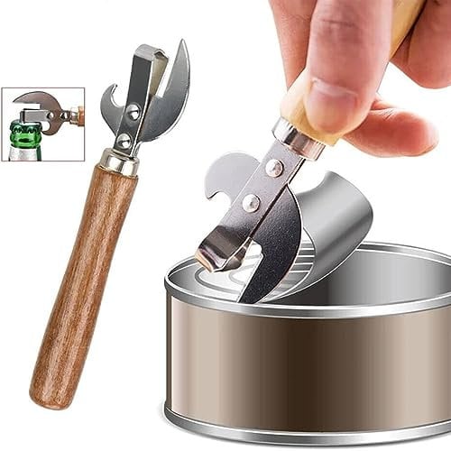 2X Stainless Steel Traditional Old Fashion Stab Can & Tin Opener and Corkscrew Wooden Handle Bottle Opener Suitable for Kitchens, Family Gatherings, and Daily Dining