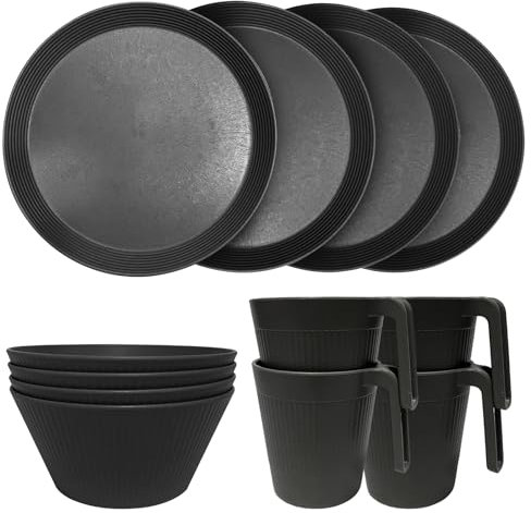 Geschirrsets aus Kunststoff Leichtes und Unzerbrechliches Komplett-Set,Tellerset, Schüsseln,Tassen, Picknick Geschirr für 4 Person, ideal für Kinder & Erwachsene Wiederverwendbar (12psc-Schwarz)