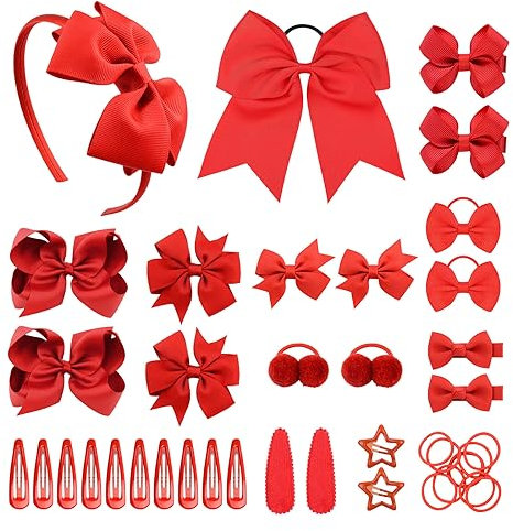 SKHAOVS 40 Stück Rot Schleife Haarschmuck Set Haargummis Mädchen Kleine Elastisch Pferdeschwanz Inhaber Haarzubehör Haargummi Stirnband Schleifen Band Kinder Mädchen Mini Haarband Soft (Rot)