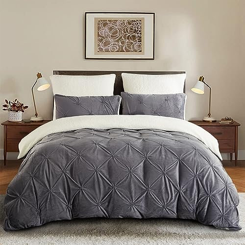 Winter Bettwäsche 200x220cm Flanell Fleece Grau Weiß Wendebettwäsche Set Flauschig Plüsch Sherpa Cashmere Touch Pintuck Bettbezug und 2 Kissenbezug 80x80 mit Reißverschluss,Oeko-Tex Zertifiziert