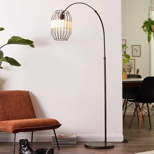 Lightbox Boho Bogenstehlampe - 1,7 m Höhe - Standleuchte mit Stoff/Metall Schirm & schwenkbarem Kopf & Fußschalter - E27, max. 52 W - aus Metall/Textil - in Schwarz/Natur
