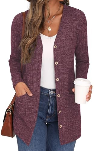 GRECERELLE Cardigan da donna a maniche lunghe, aperto sul davanti, con bottoni, scollo a V, lavorato a maglia, leggero, con tasca, 03 Rosa Rosso, L