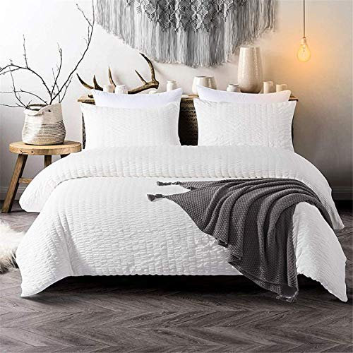 3 Pieces White Seersucker Duvet Cover Set Bedding Sets for Adults Soft Microfiber Duvet Cover Super King 220 x 260cm