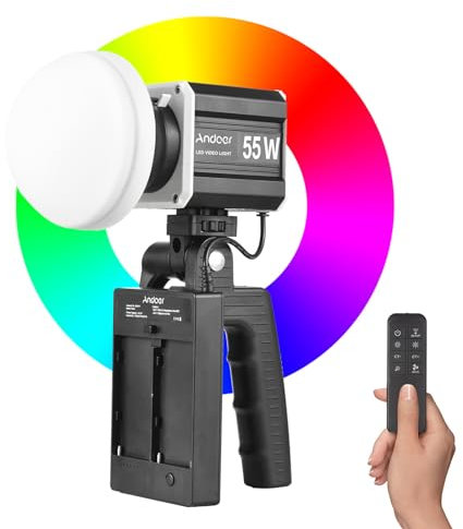 Andoer RGB COB Video Light Handheld, 55W LED Video Light with Remote, 2800K-6800K Dimmable Studio Lights, Photography Lighting Portable with 9 Light Effects for Live Streaming Studio