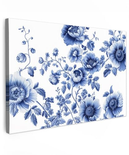 MuchoWow© Wandbilder Groß 120x80 cm XXL Wohnzimmer Wanddeko Schlafzimmer Zimmerdeko Wandgemälde Zimmer Deko auf Wand Dekoration Wall Art Blumen - Delfter Blau - Kunst - Weiß