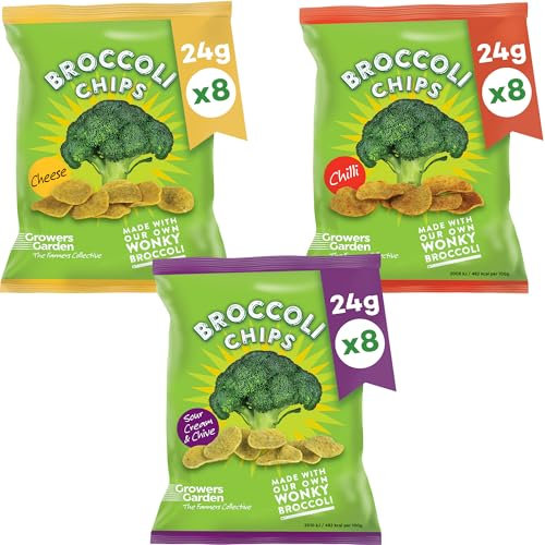 Growers Garden Broccoli Crisps 24 x 24g Bags (8 x Cheese, 8 x Sour Cream & Chive, 8 x Chilli). Tasty Low Calorie Snacks, 28% Broccoli Vegetable Crisps, Delicious Healthy Crisps, Vegan Snacks